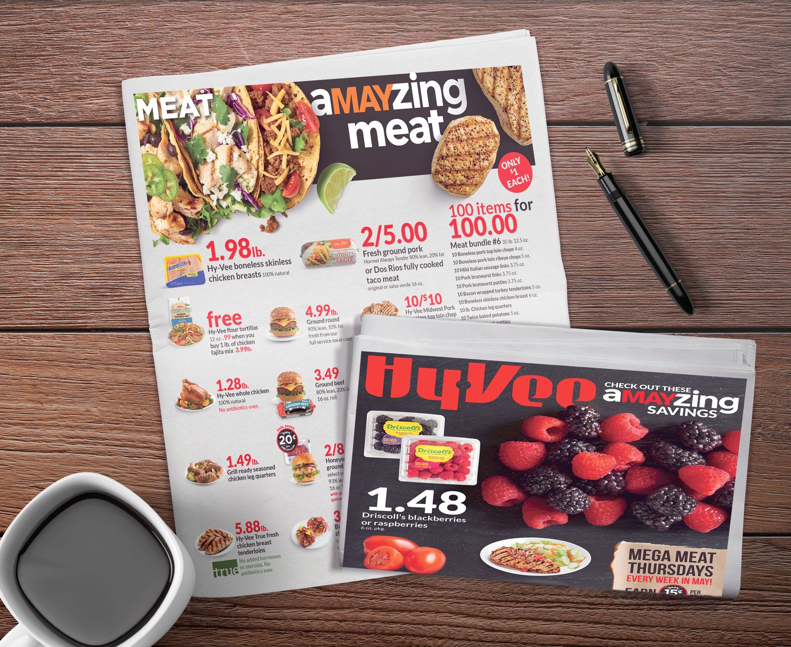 Hy-Vee newspaper insert spread with meat and produce pricing